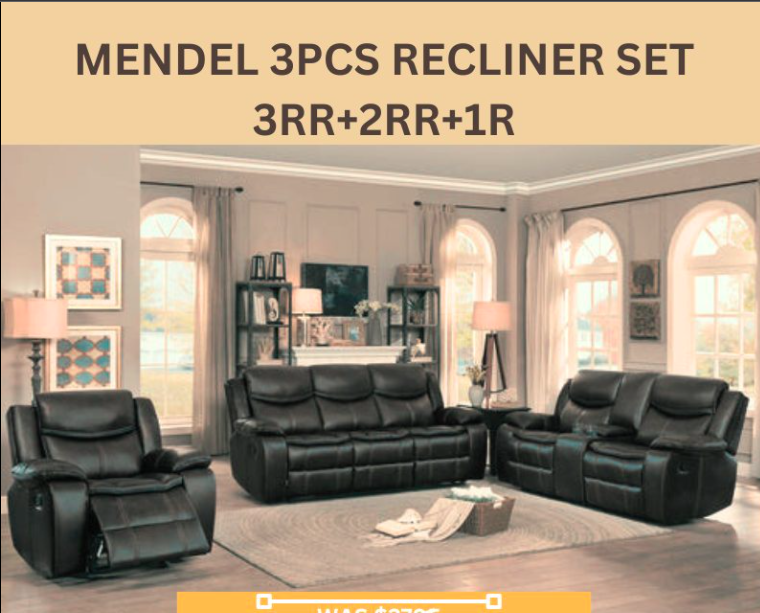 Wood Decor 3Piece Black Air Leather Recliner Lounge Suite Furniture