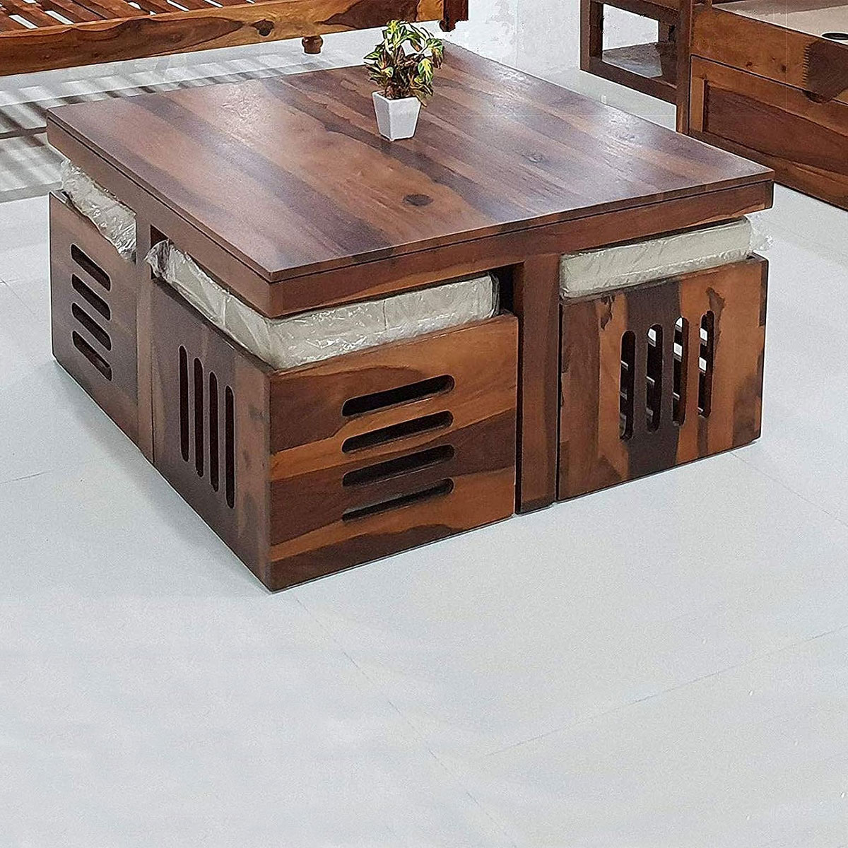 Wood Decor 4 Stool Coffee Table, Sheesham Wood Furniture Store In