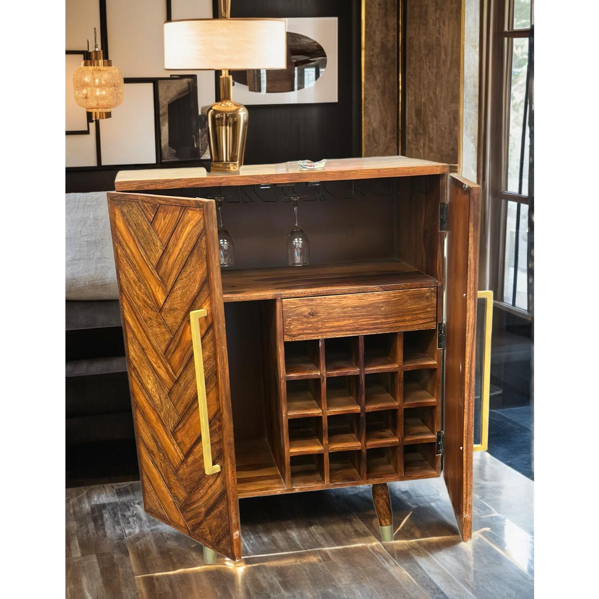 Herringbone discount bar cabinet