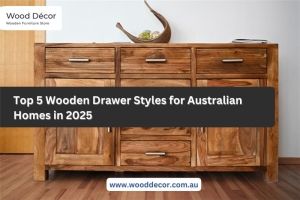 Modern oak wooden drawer cabinet in Australian bedroom