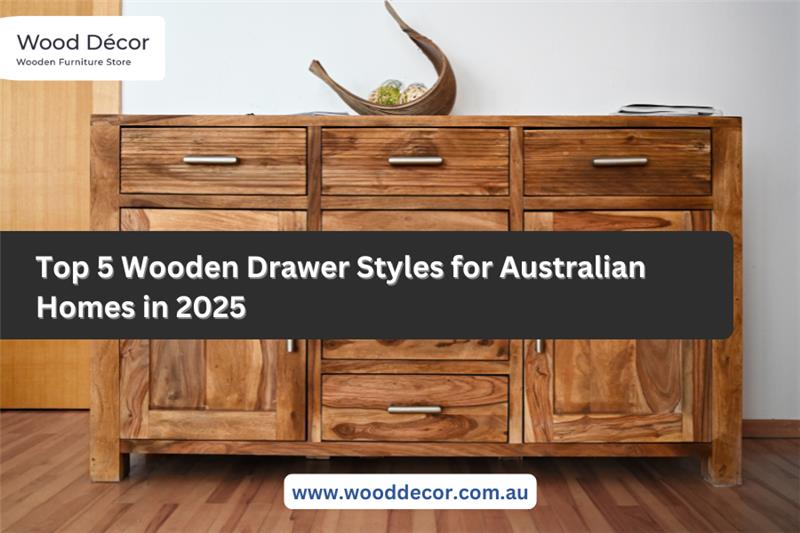 Modern oak wooden drawer cabinet in Australian bedroom