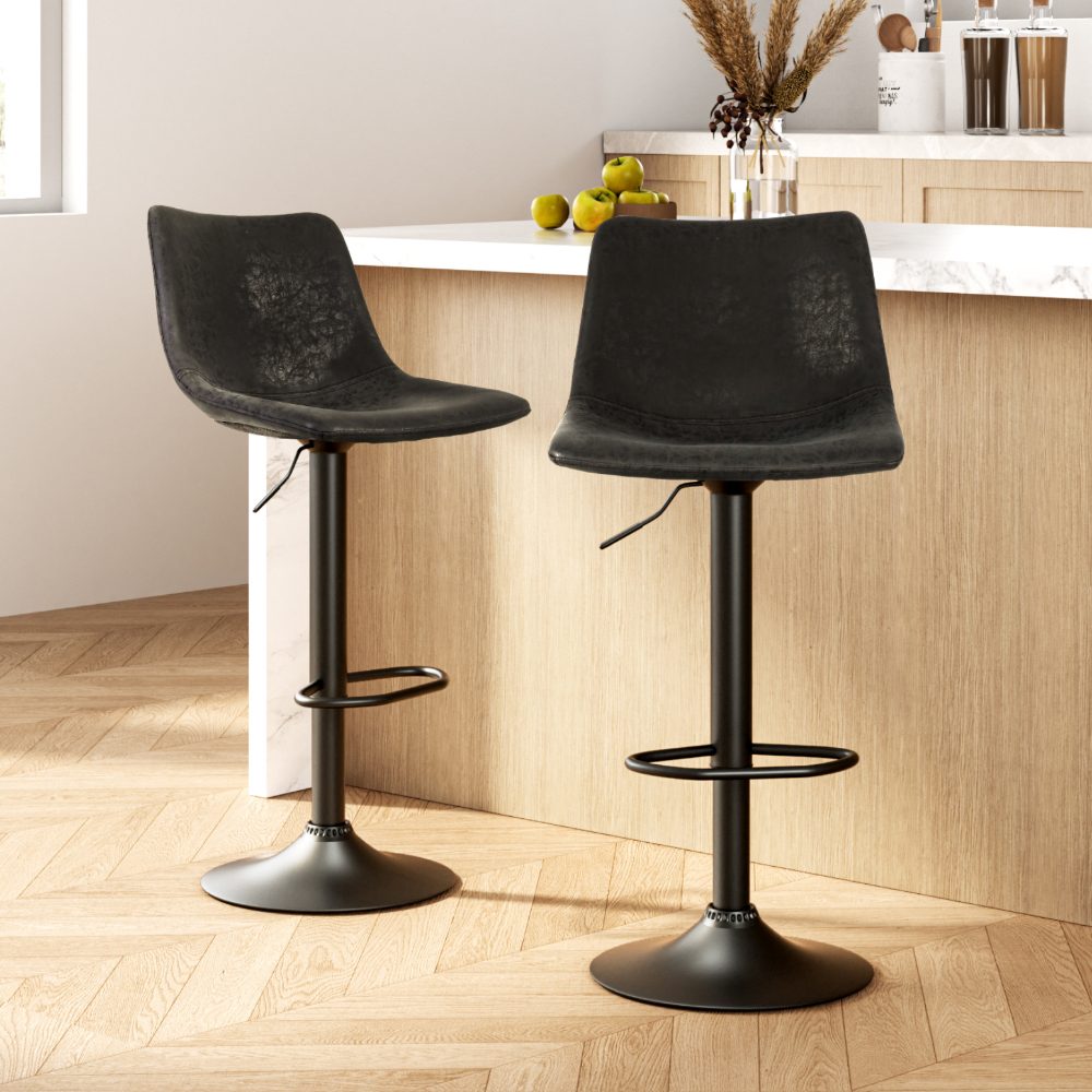 Artiss 2x Bar Stools Vintage Leather Swivel Gas Lift Black