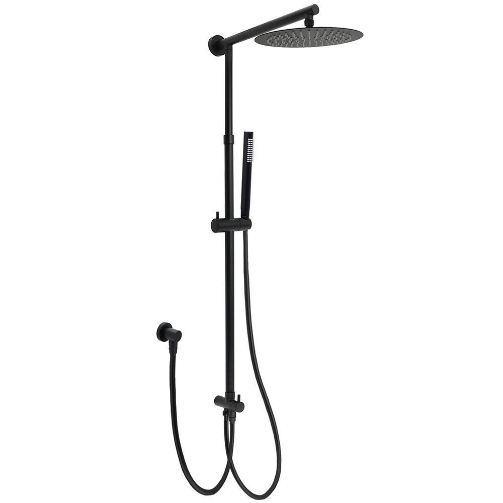 Matt Black Dual Round Shower Set 10" Rain Head Metal Handheld Sliding Rail Arm Diverter