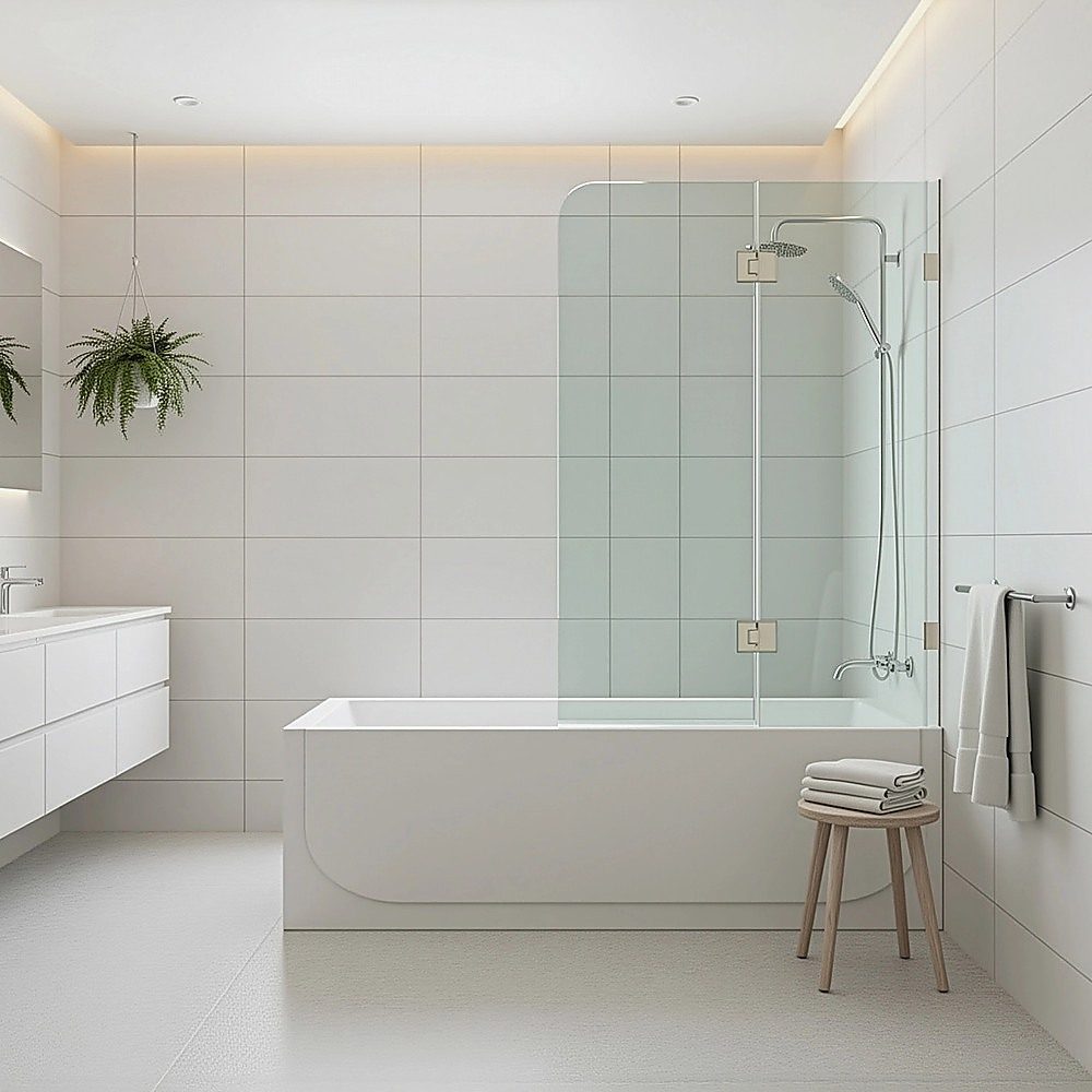 90cm Frameless Glass Bath Screen – Stainless Steel F-Brackets in Gunmetal