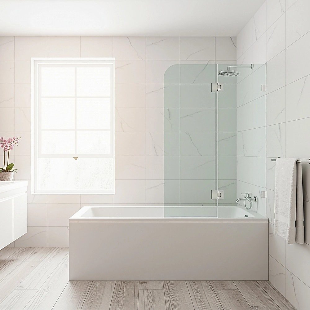 90cm Frameless Glass Bath Screen – Brass U-Brackets in Black for Stylish Bathroom Upgrade