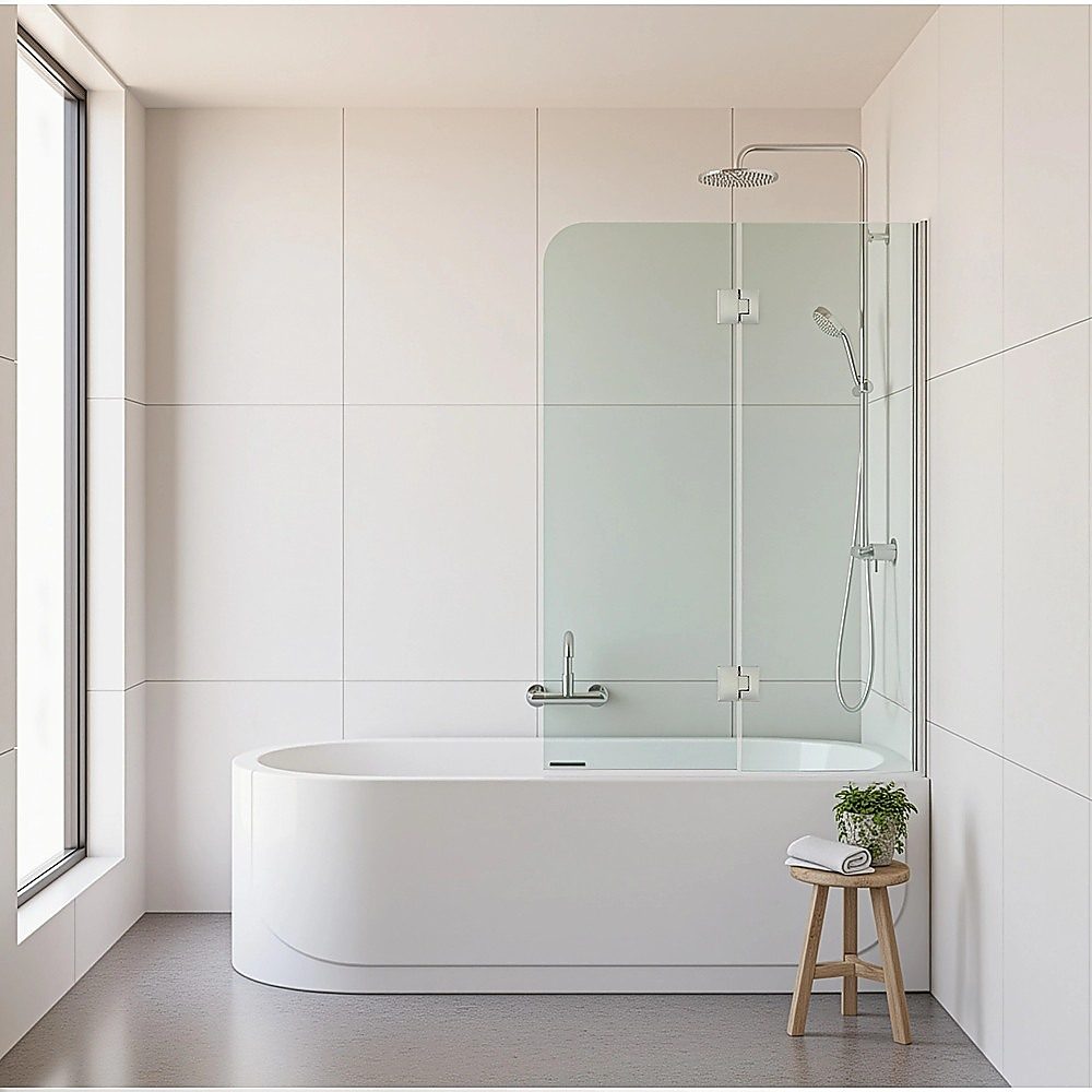 120cm Frameless Glass Bath Screen – Wall Channel with Stainless Steel Hinges in White Finish