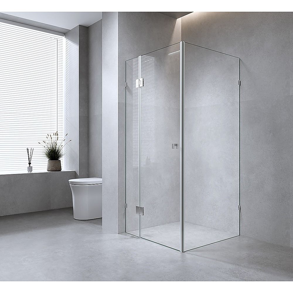 90x80cm Corner Frameless Shower Screen with Nickel U-Brackets and SS Hinges, Round Knob Handle