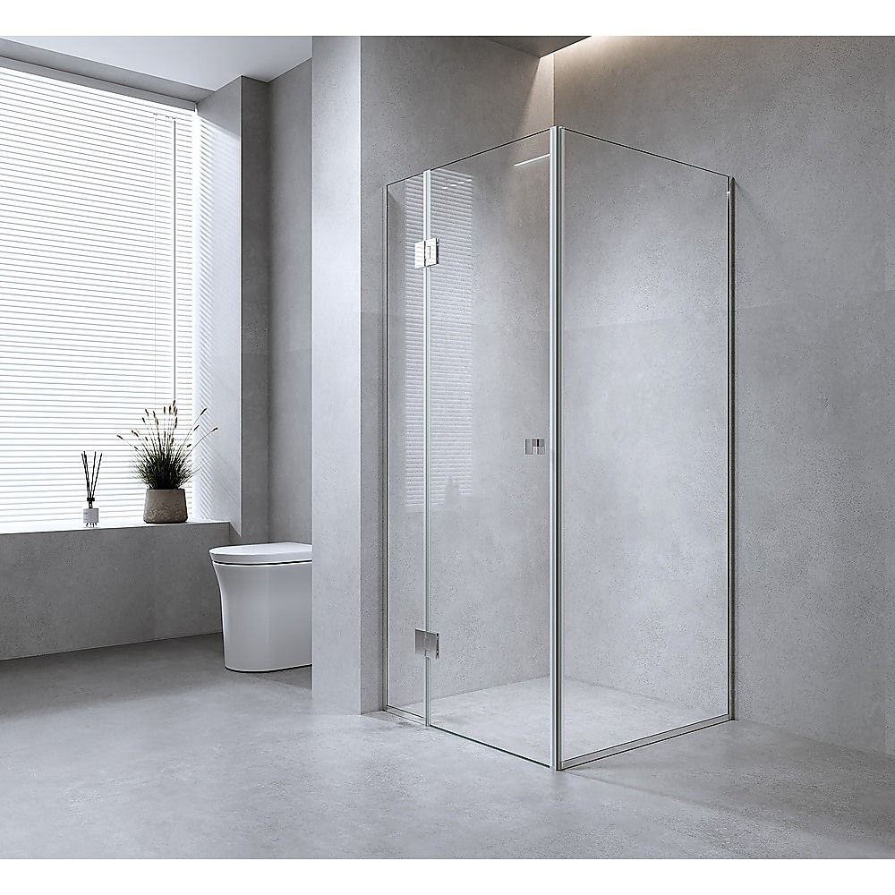 100x100cm Gold Corner Frameless Shower Screen with Wall Channel Brackets, Stainless Steel Hinges & Square Knob Handle