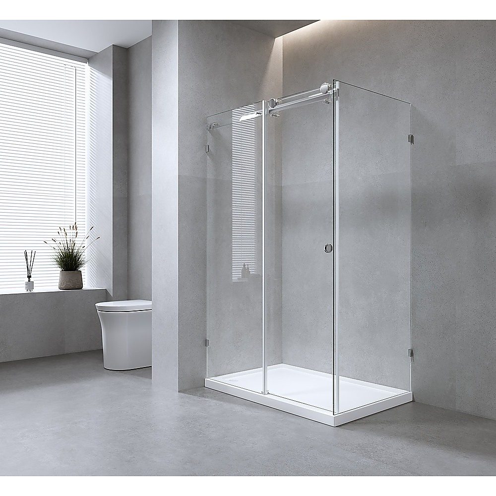 180x90cm Frameless Glass Sliding Corner Shower – With Gunmetal Rail and Wall Channel for Contemporary Bathrooms